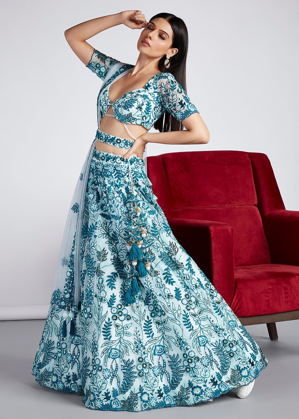 Shades Of Blue Net Lehenga Choli with Sequins,Mirror & Coding Thread Embroidery work