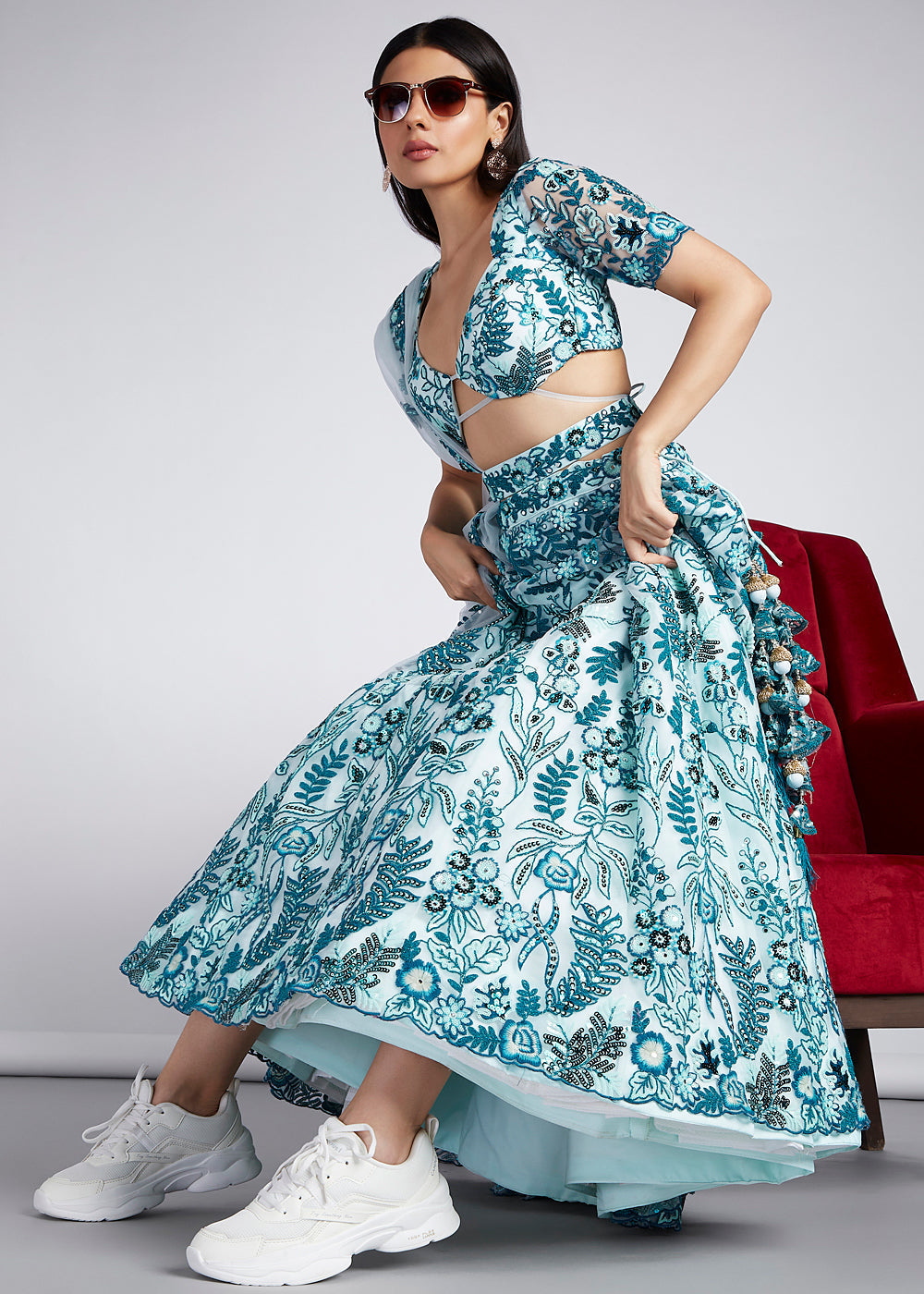 Shades Of Blue Net Lehenga Choli with Sequins,Mirror & Coding Thread Embroidery work