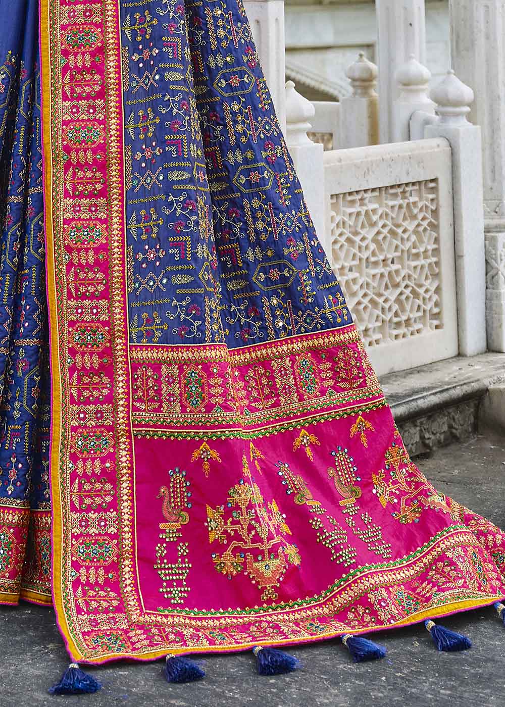 Azure Blue Banarasi Silk Saree with Mirror,Diamond & Pure Kachhi work