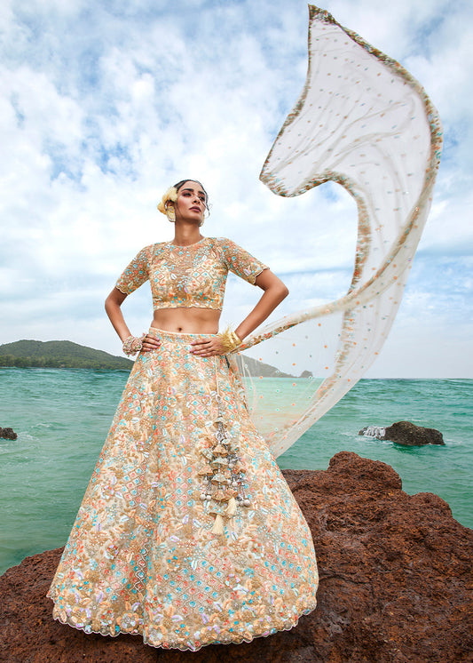 Ivory White Net Lehenga Choli with Sequins,Coding & Zarkan work