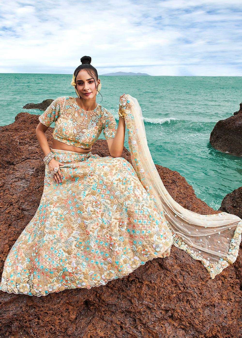 Ivory White Net Lehenga Choli with Sequins,Coding & Zarkan work