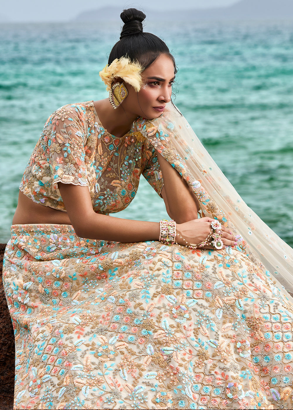 Ivory White Net Lehenga Choli with Sequins,Coding & Zarkan work