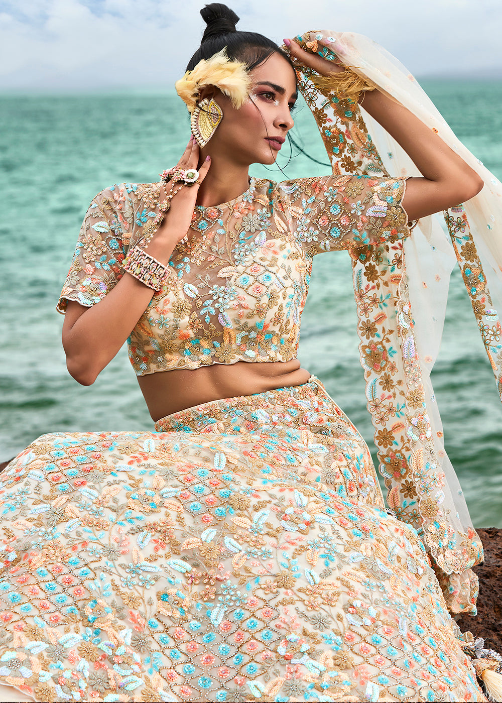 Ivory White Net Lehenga Choli with Sequins,Coding & Zarkan work