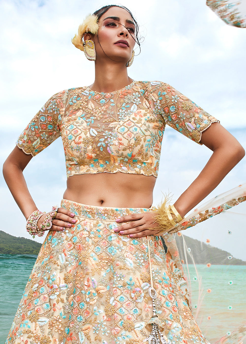 Ivory White Net Lehenga Choli with Sequins,Coding & Zarkan work