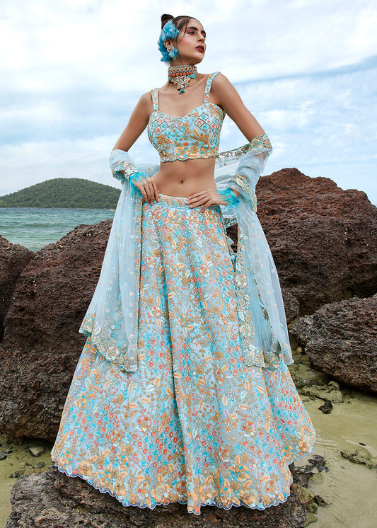 Maya Blue Net Lehenga Choli with Sequins,Coding & Zarkan work