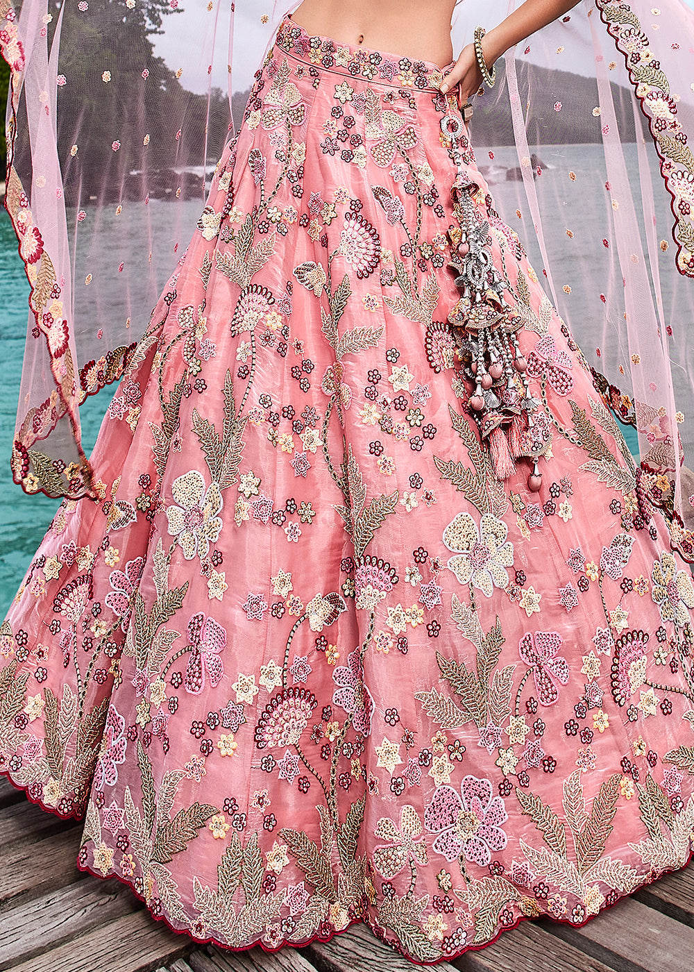 French Pink Organza Lehenga Choli With Sequins & Zarkan Embroidery Work