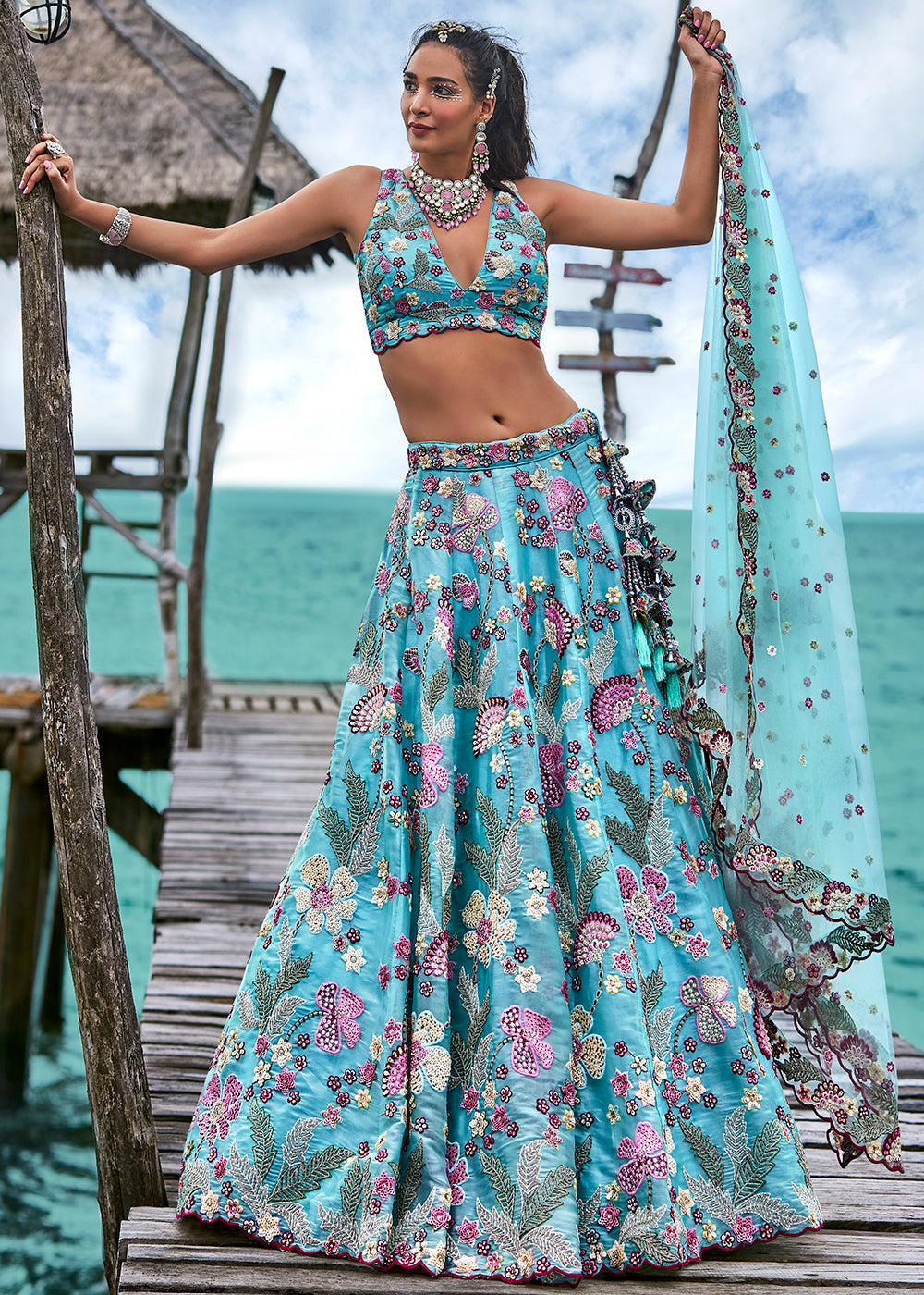 Aqua Blue Organza Lehenga Choli With Sequins & Zarkan Embroidery Work