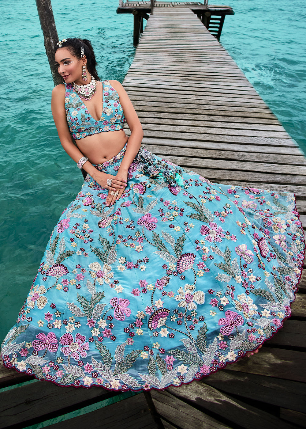 Aqua Blue Organza Lehenga Choli With Sequins & Zarkan Embroidery Work