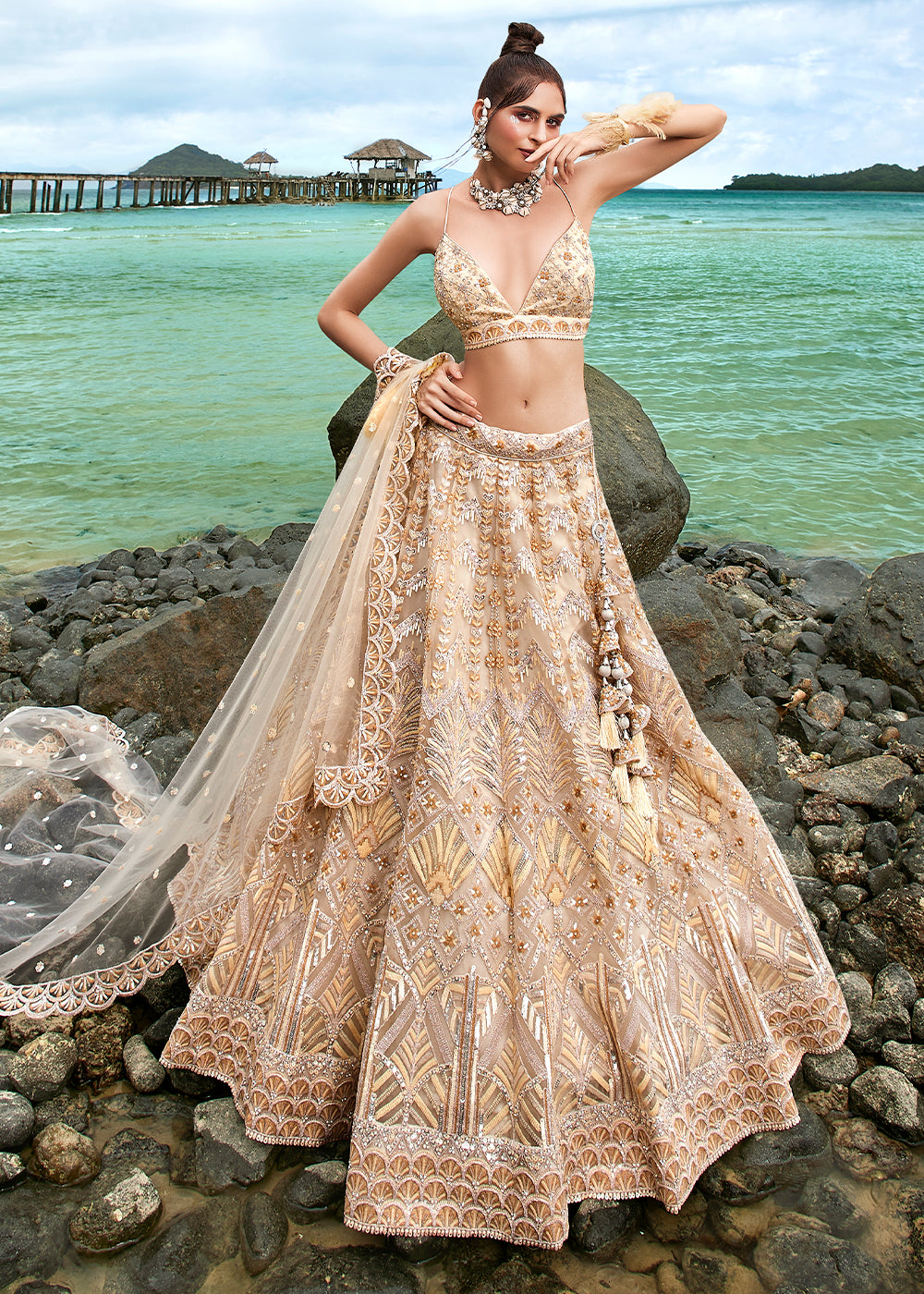 Shades Of Brown Net Lehenga Choli with Sequins,Coding, Moti & Zarkan work
