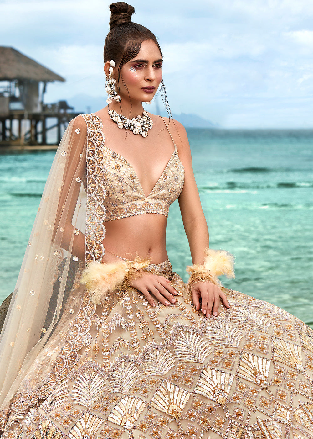 Shades Of Brown Net Lehenga Choli with Sequins,Coding, Moti & Zarkan work