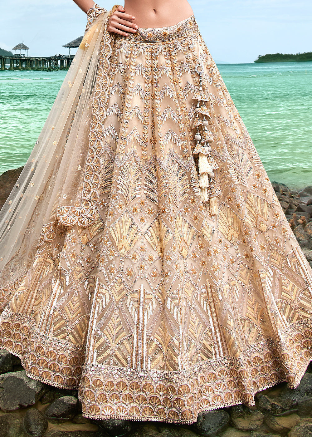 Shades Of Brown Net Lehenga Choli with Sequins,Coding, Moti & Zarkan work