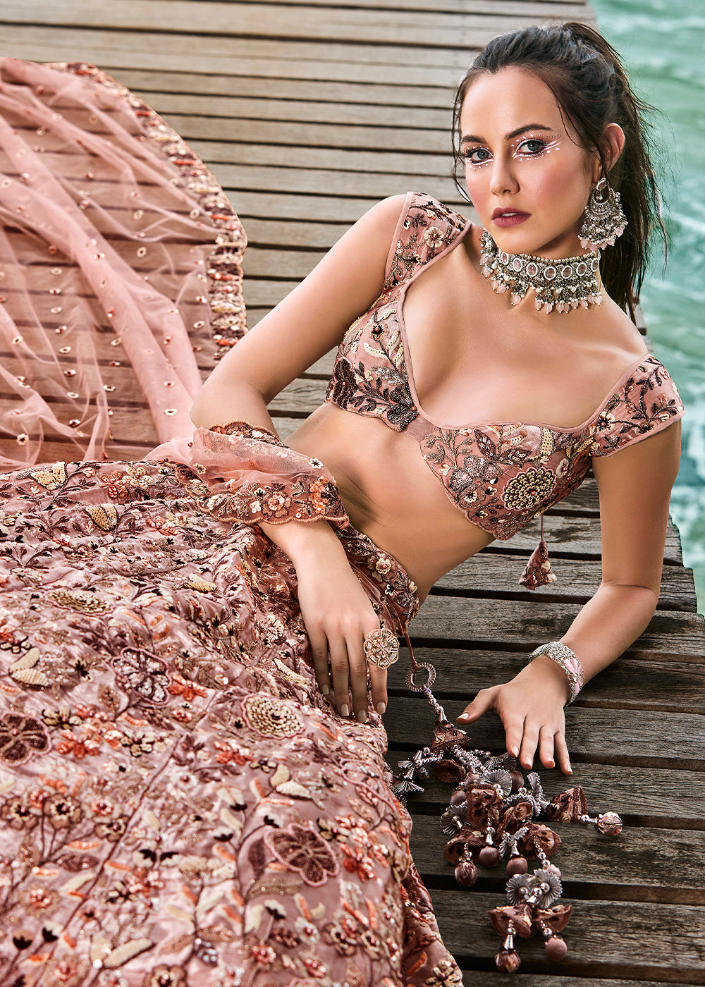 Steel Grey Organza Lehenga Choli with Thread Embroidery, Moti & Sequins work