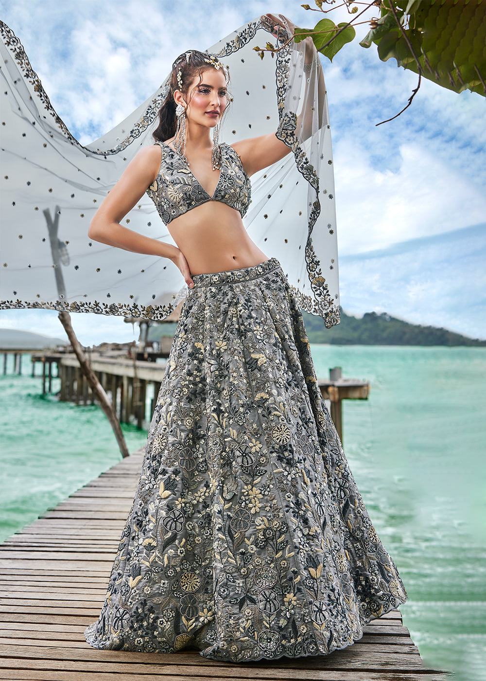 Peach Pink Organza Lehenga Choli with Thread Embroidery, Moti & Sequins work