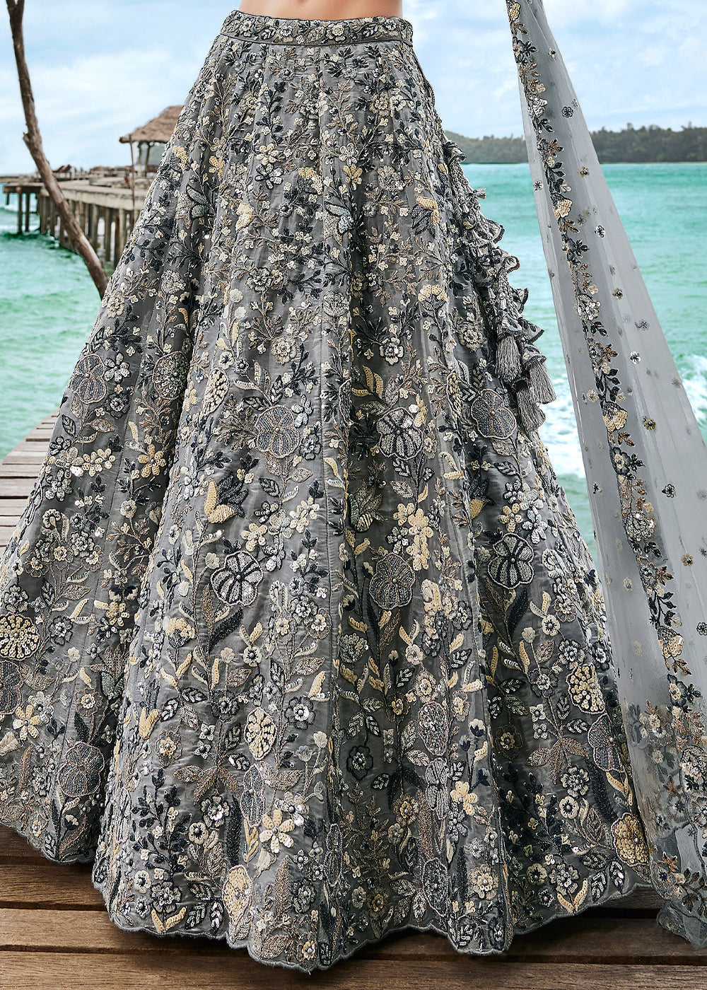 Peach Pink Organza Lehenga Choli with Thread Embroidery, Moti & Sequins work