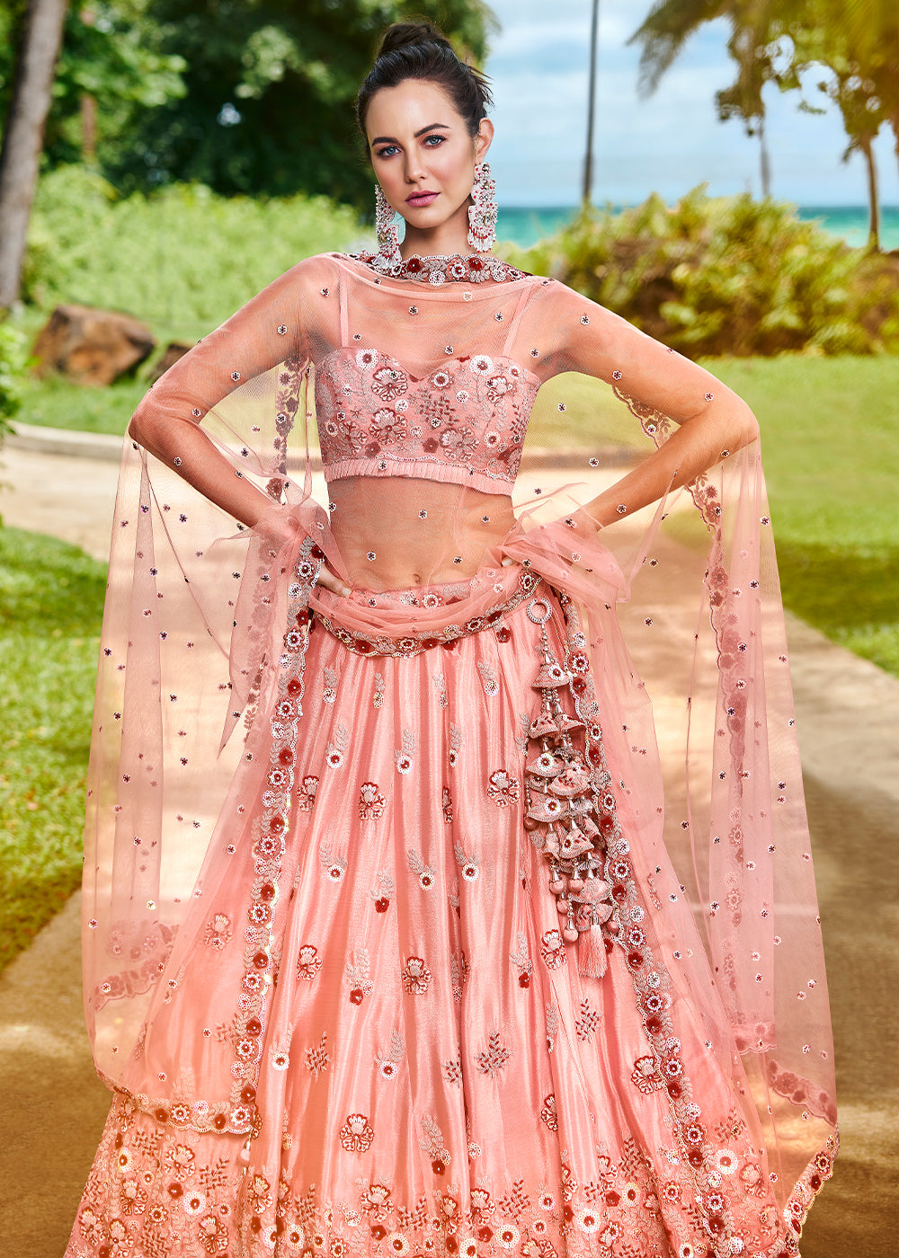Peach Pink Georgette Lehenga Choli with Thread Embroidery, Zarkan & Sequins work