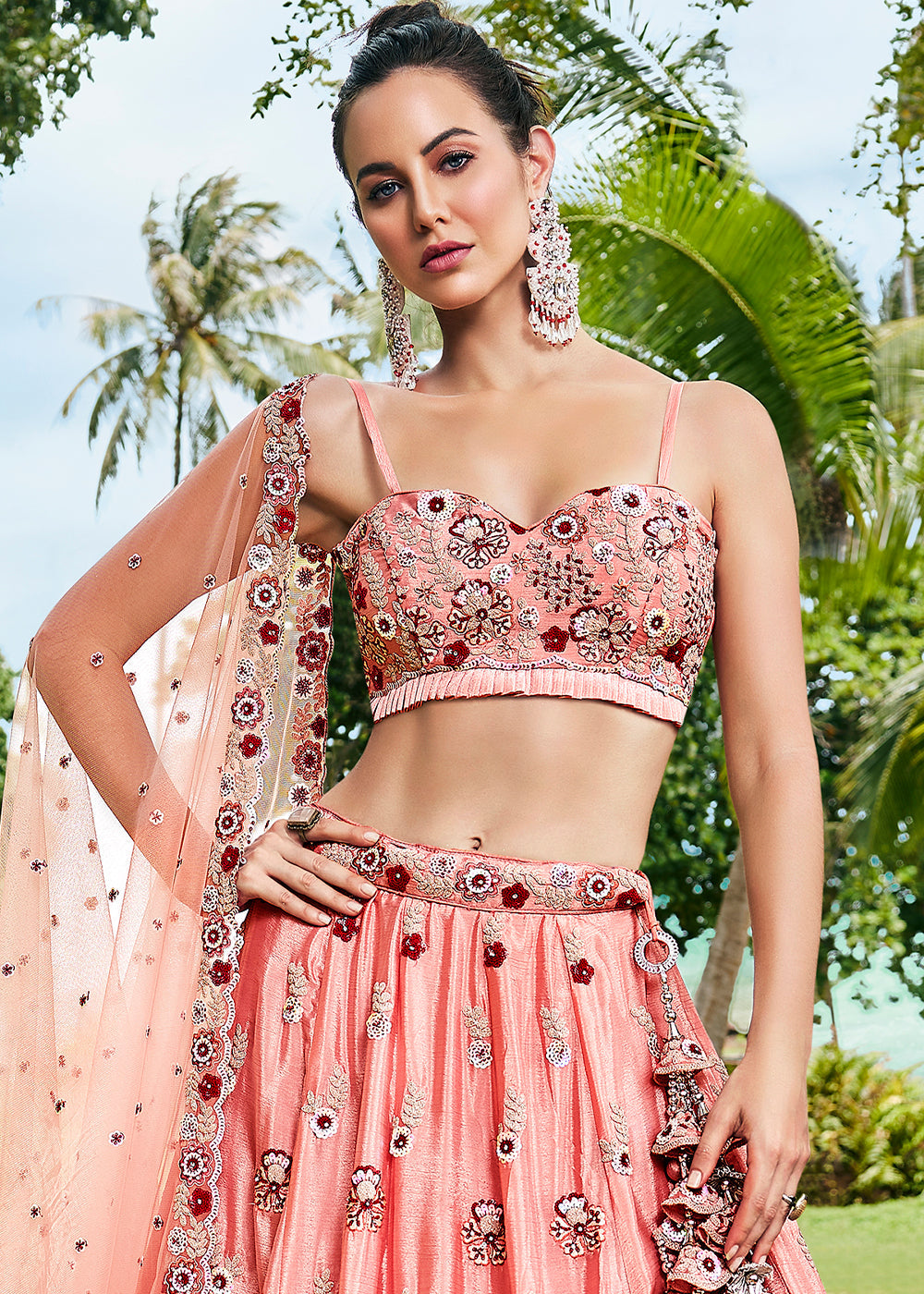 Peach Pink Georgette Lehenga Choli with Thread Embroidery, Zarkan & Sequins work