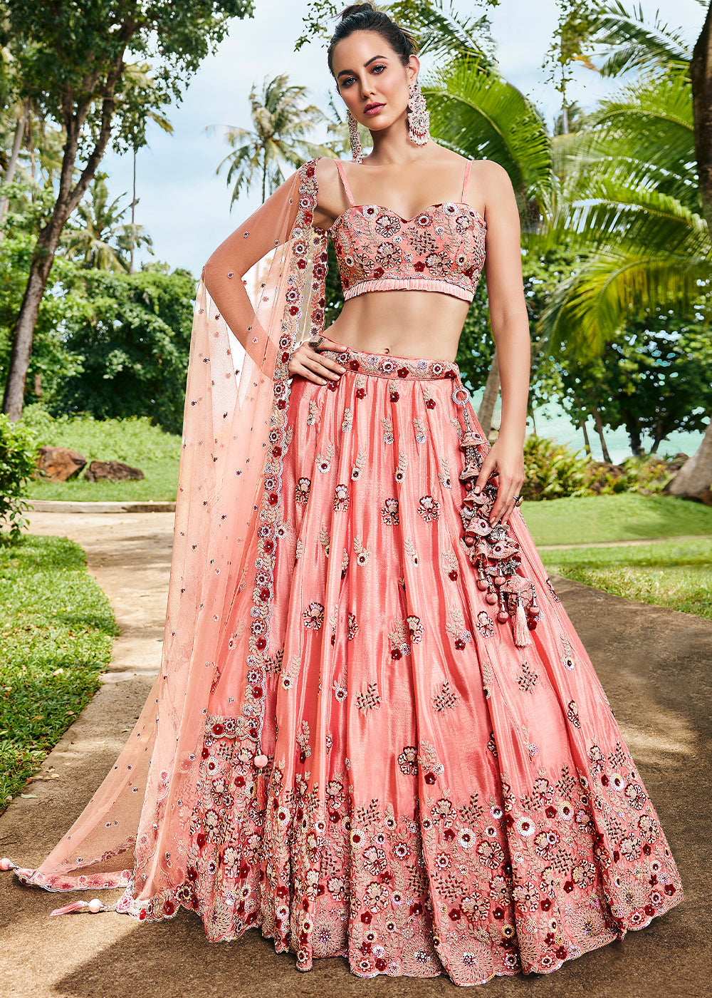 Peach Pink Georgette Lehenga Choli with Thread Embroidery, Zarkan & Sequins work