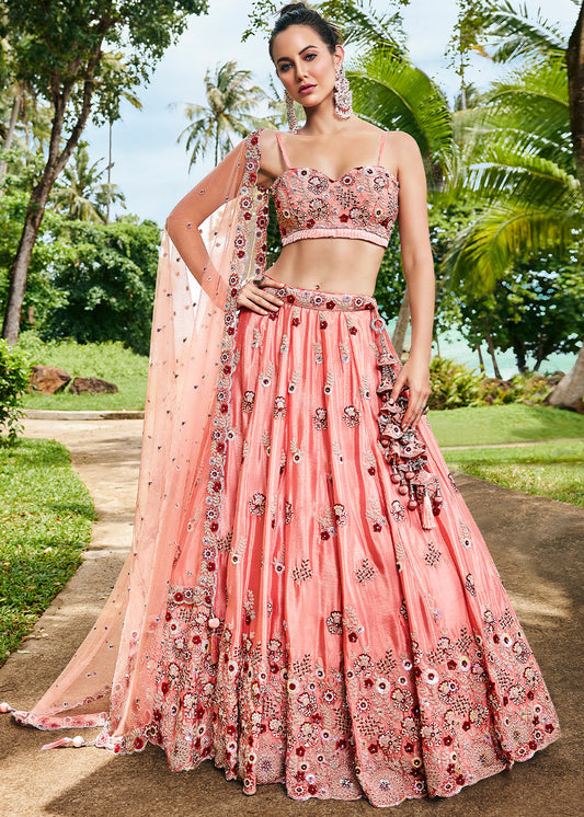 Peach Pink Georgette Lehenga Choli with Thread Embroidery, Zarkan & Sequins work