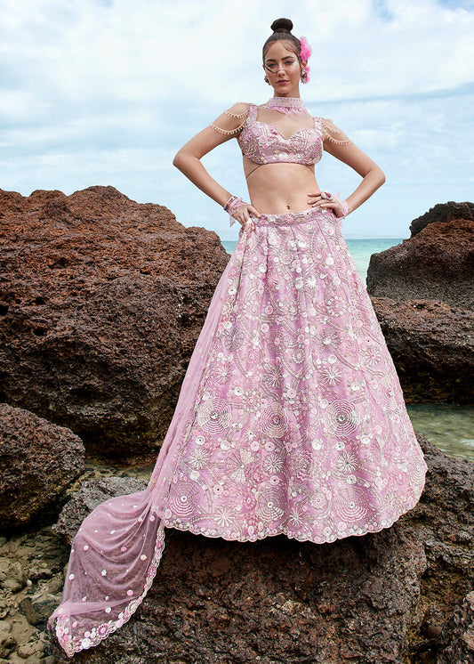 Lavender Purple Organza Lehenga Choli With Sequins, Zarkan & Thread Embroidery Work