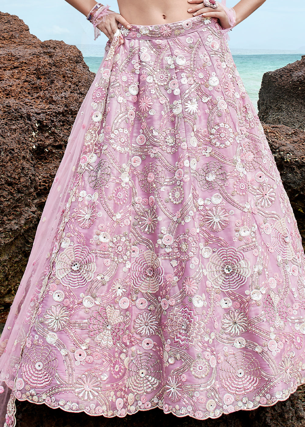 Lavender Purple Organza Lehenga Choli With Sequins, Zarkan & Thread Embroidery Work