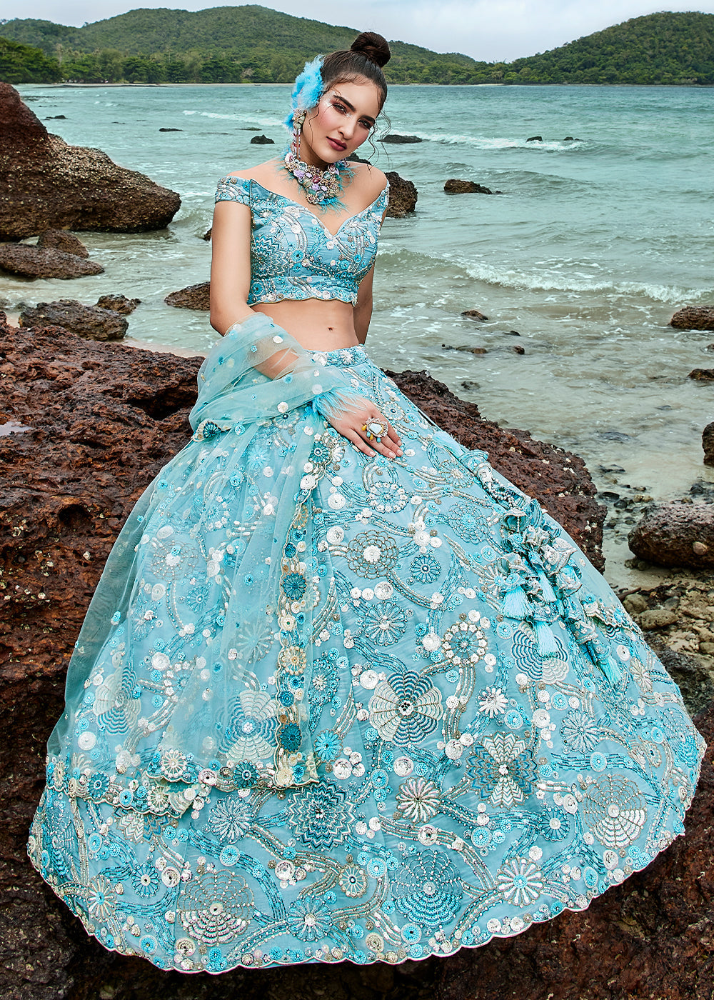 Aqua Blue Organza Lehenga Choli With Sequins, Zarkan & Thread Embroidery Work