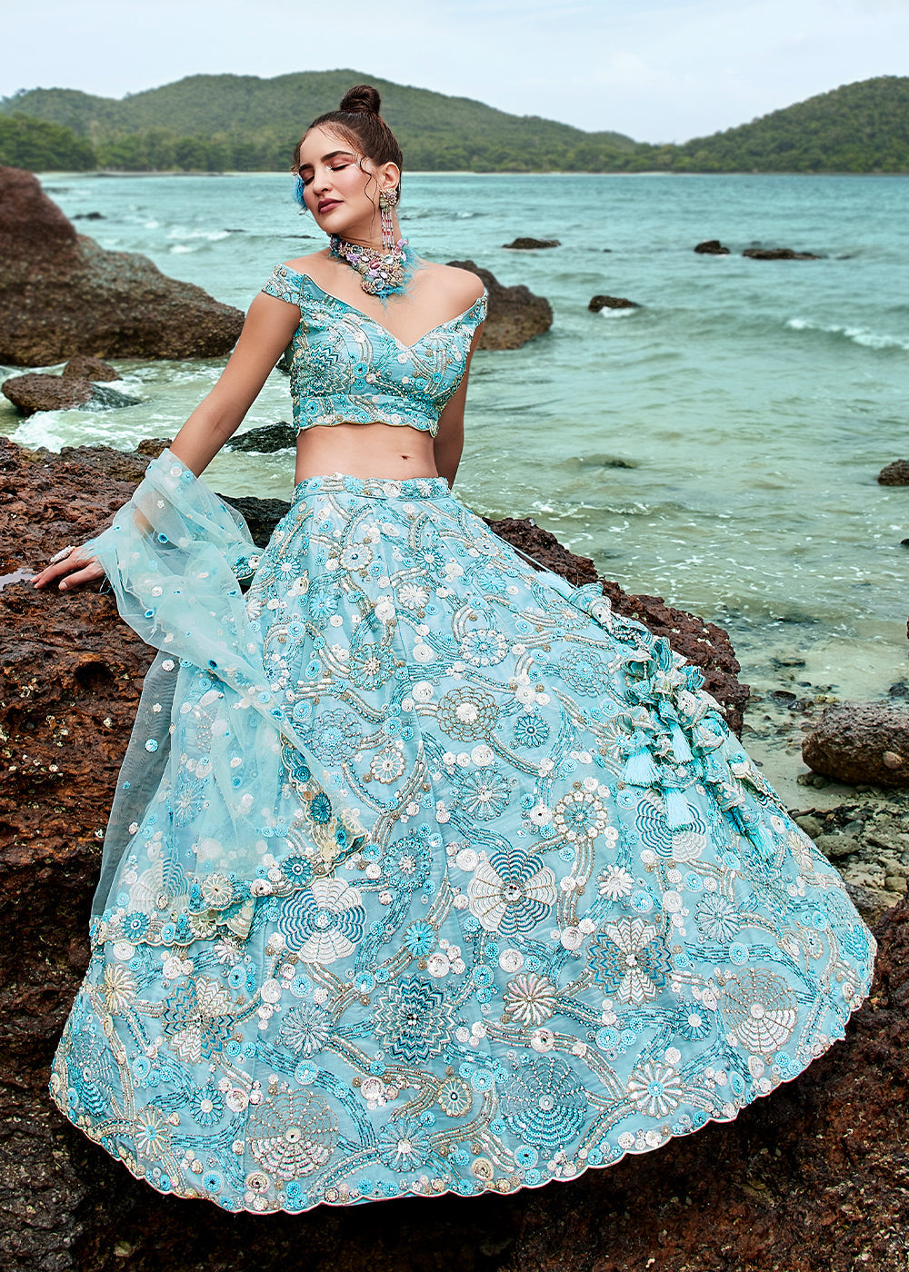 Aqua Blue Organza Lehenga Choli With Sequins, Zarkan & Thread Embroidery Work