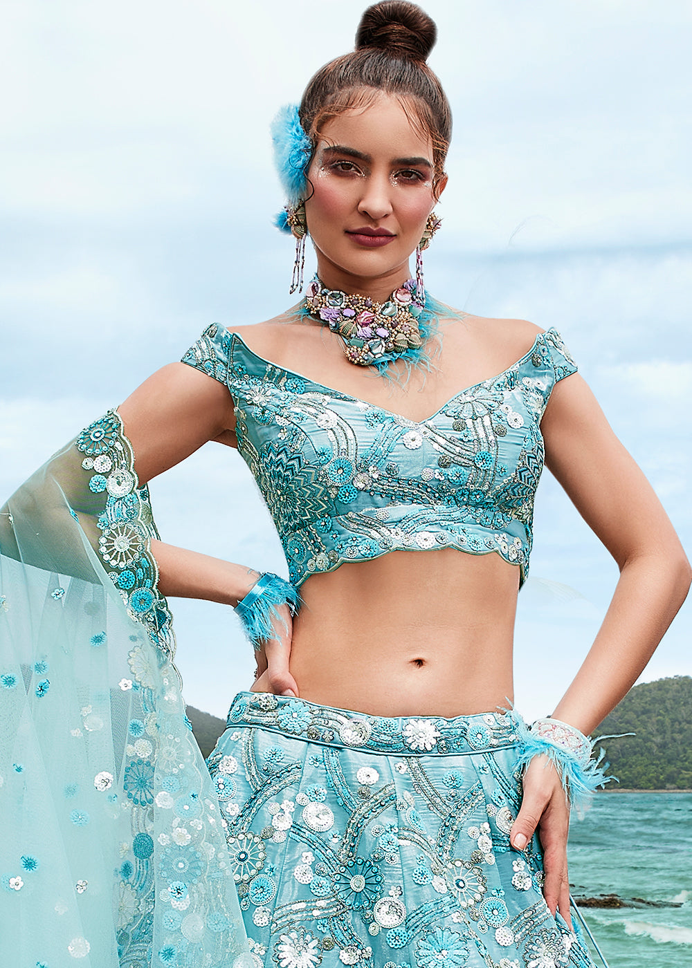 Aqua Blue Organza Lehenga Choli With Sequins, Zarkan & Thread Embroidery Work