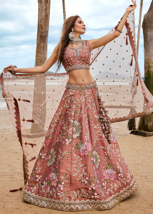 Rust Brown Net Lehenga Choli with Sequins,Coding, Mirror & Moti work