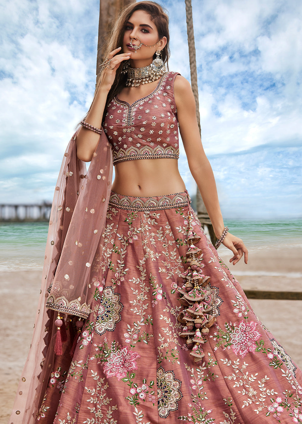 Rust Brown Net Lehenga Choli with Sequins,Coding, Mirror & Moti work