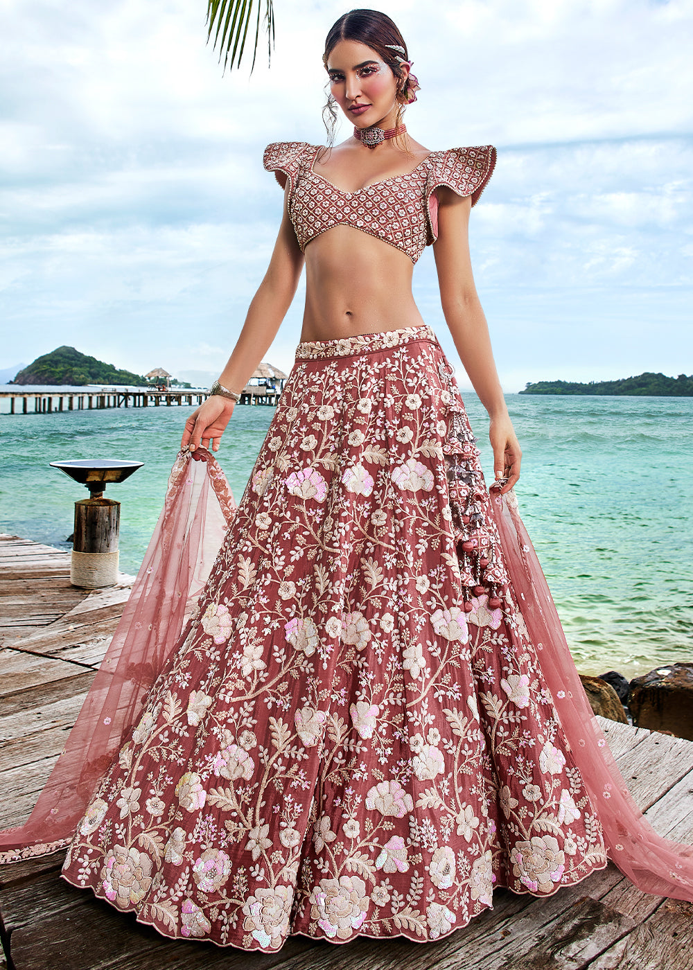 Rose Gold Georgette Lehenga Choli With Sequins & Zarkan Embroidery Work