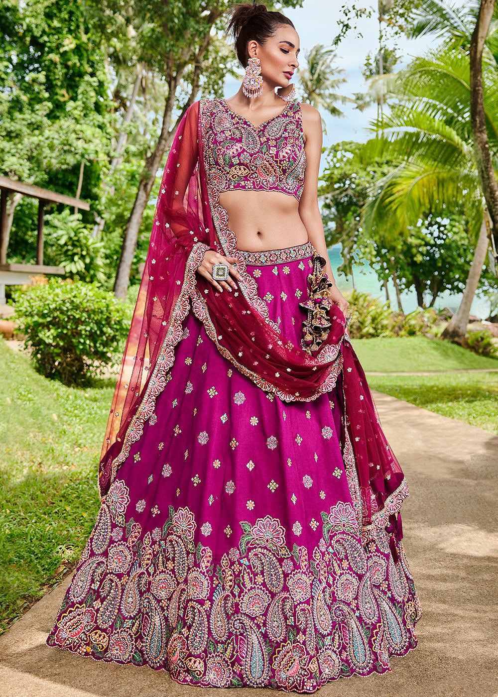 Magenta Pink Satin Silk Lehenga Choli With Sequins & Zarkan Embroidery Work