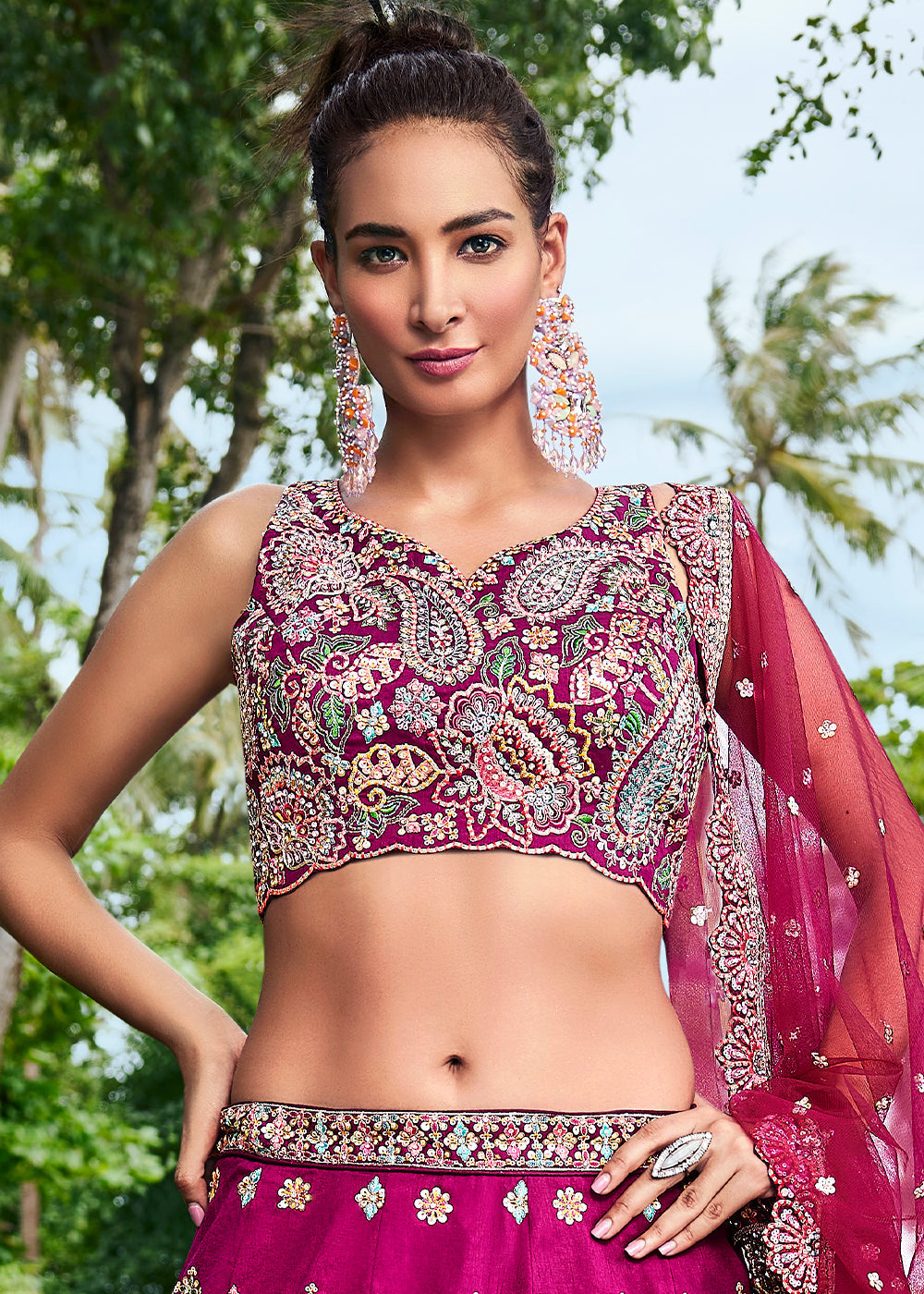 Magenta Pink Satin Silk Lehenga Choli With Sequins & Zarkan Embroidery Work