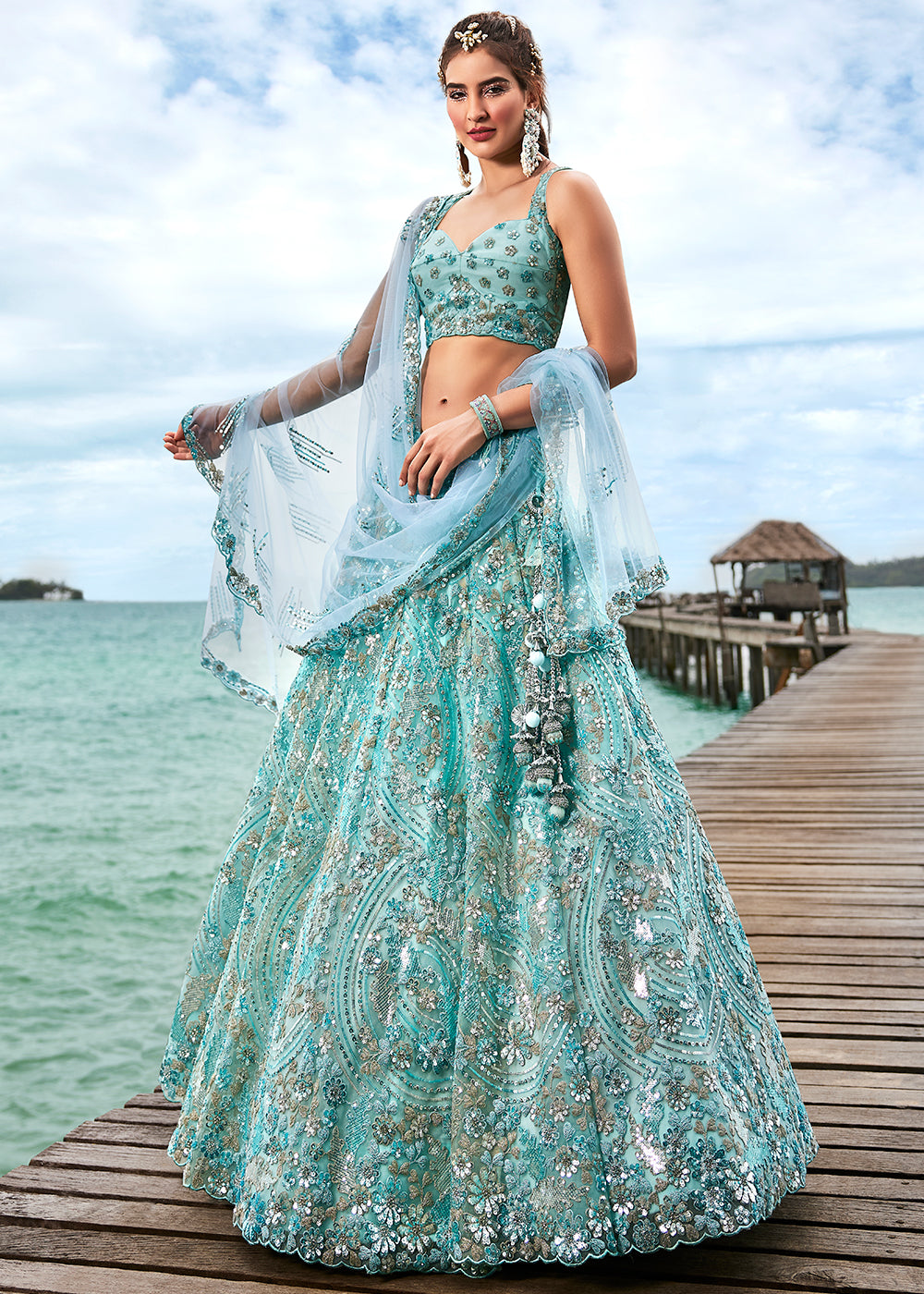 Turquoise Blue Net Lehenga Choli With Sequins & Zarkan Embroidery Work