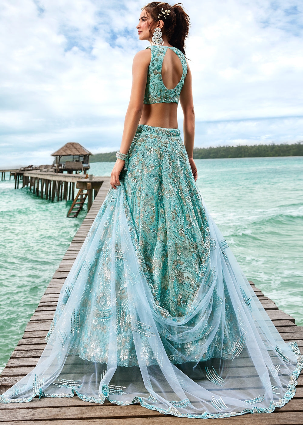 Turquoise Blue Net Lehenga Choli With Sequins & Zarkan Embroidery Work