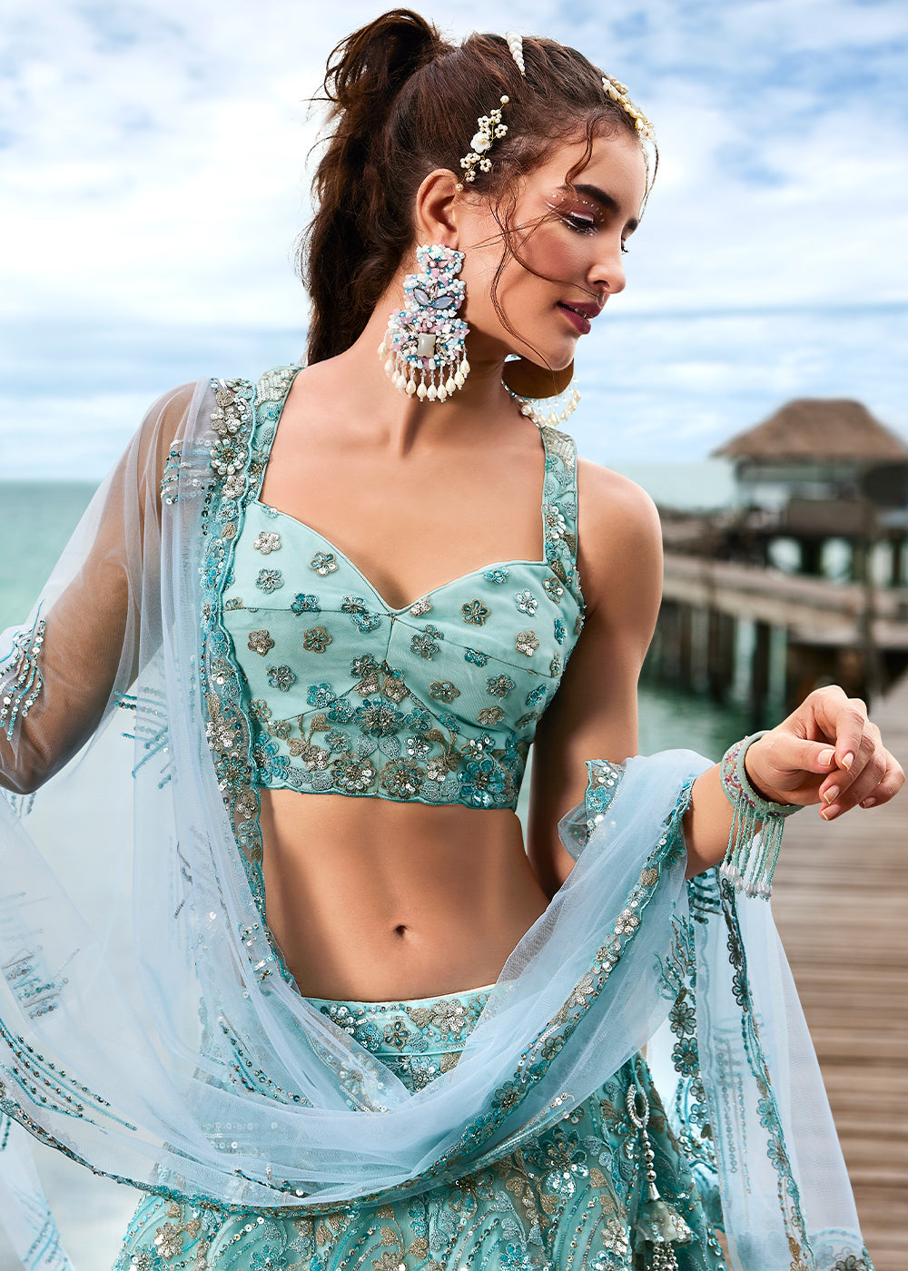 Turquoise Blue Net Lehenga Choli With Sequins & Zarkan Embroidery Work