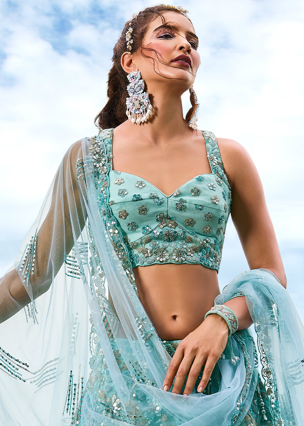 Turquoise Blue Net Lehenga Choli With Sequins & Zarkan Embroidery Work