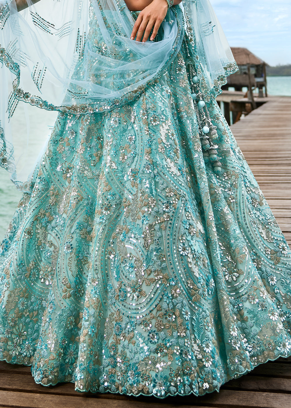 Turquoise Blue Net Lehenga Choli With Sequins & Zarkan Embroidery Work