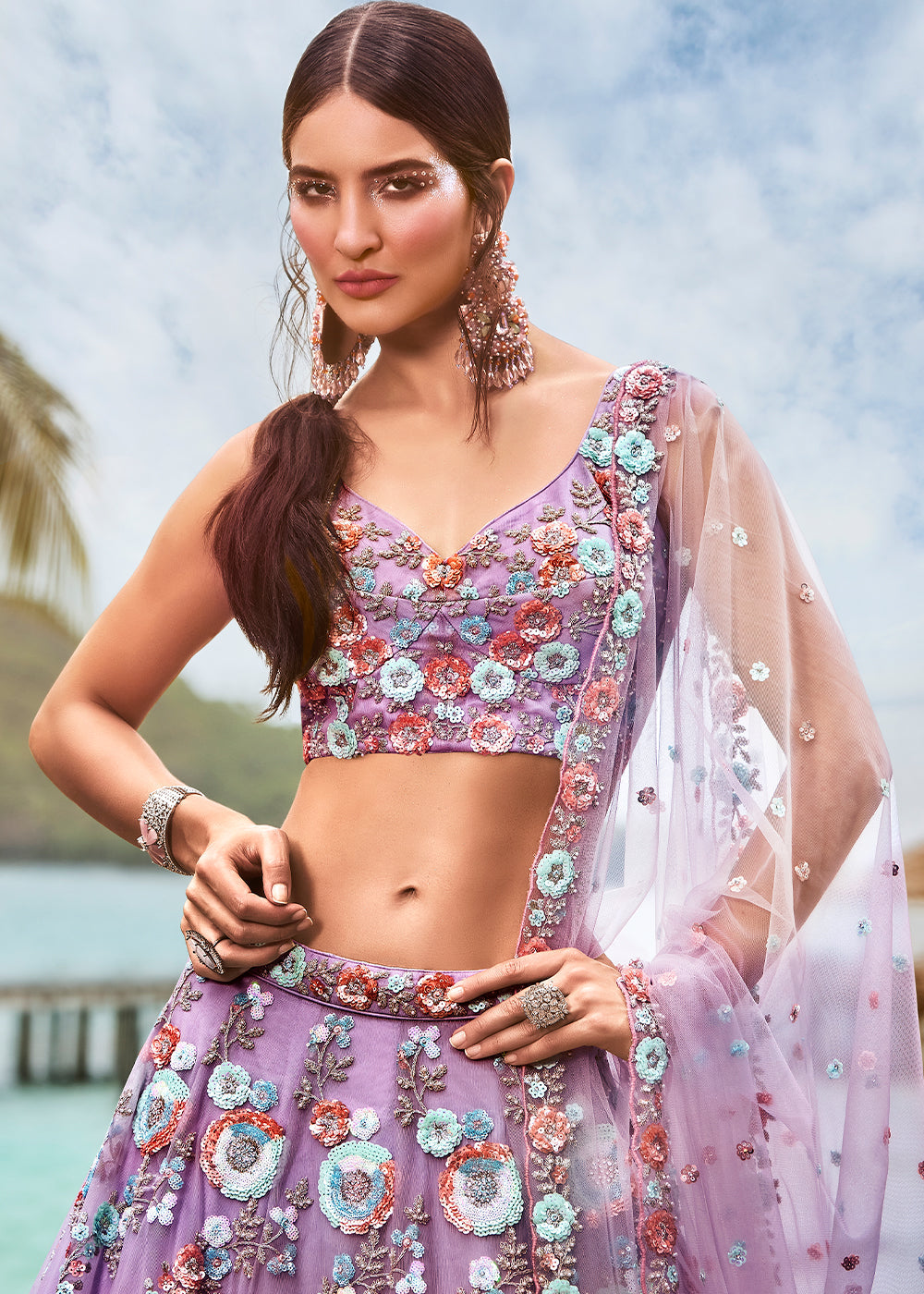 Mauve Purple Net Lehenga Choli with Zarkan & Sequins work