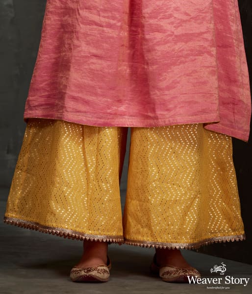Hand front boota embroidered tissue silk suit in pink color with brocade palazzo