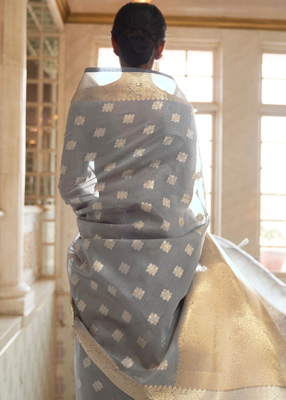 Mink Grey Zari Woven Linen Silk Saree: Top Pick