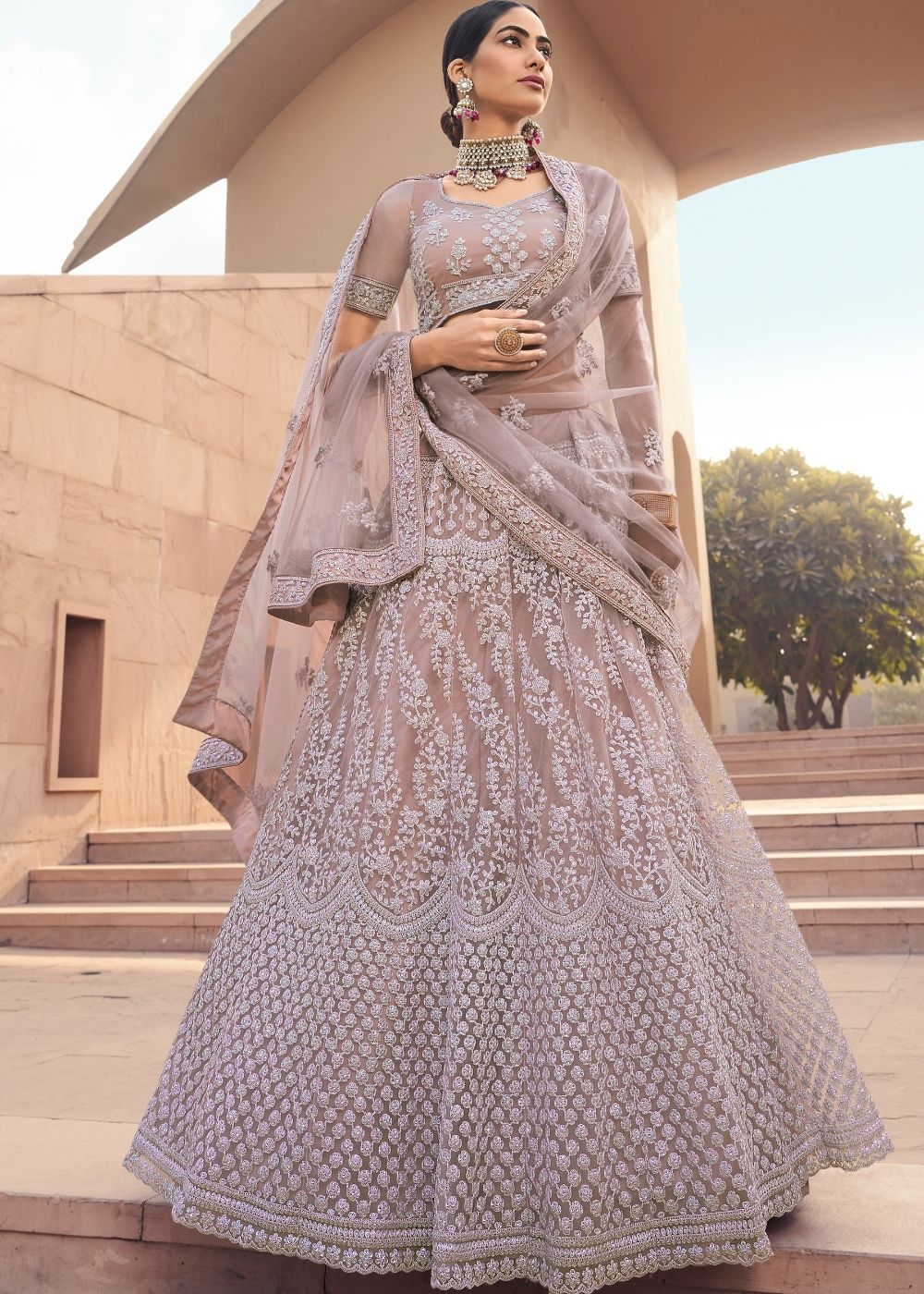 Periwinkle Violet Soft Net Lehenga Choli with Sequins & Dori work