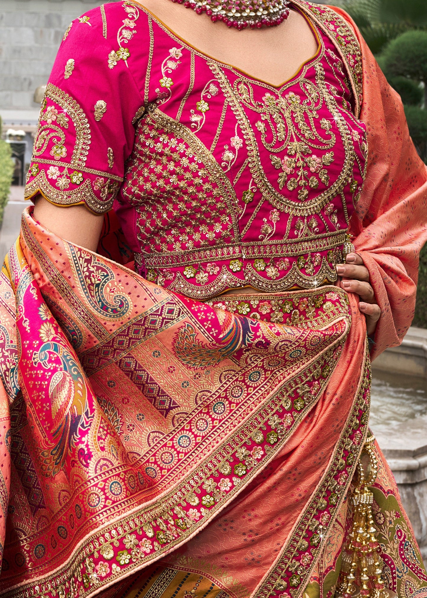 Orange & Pink Banarasi Silk Lehenga with Zarkan Codding work