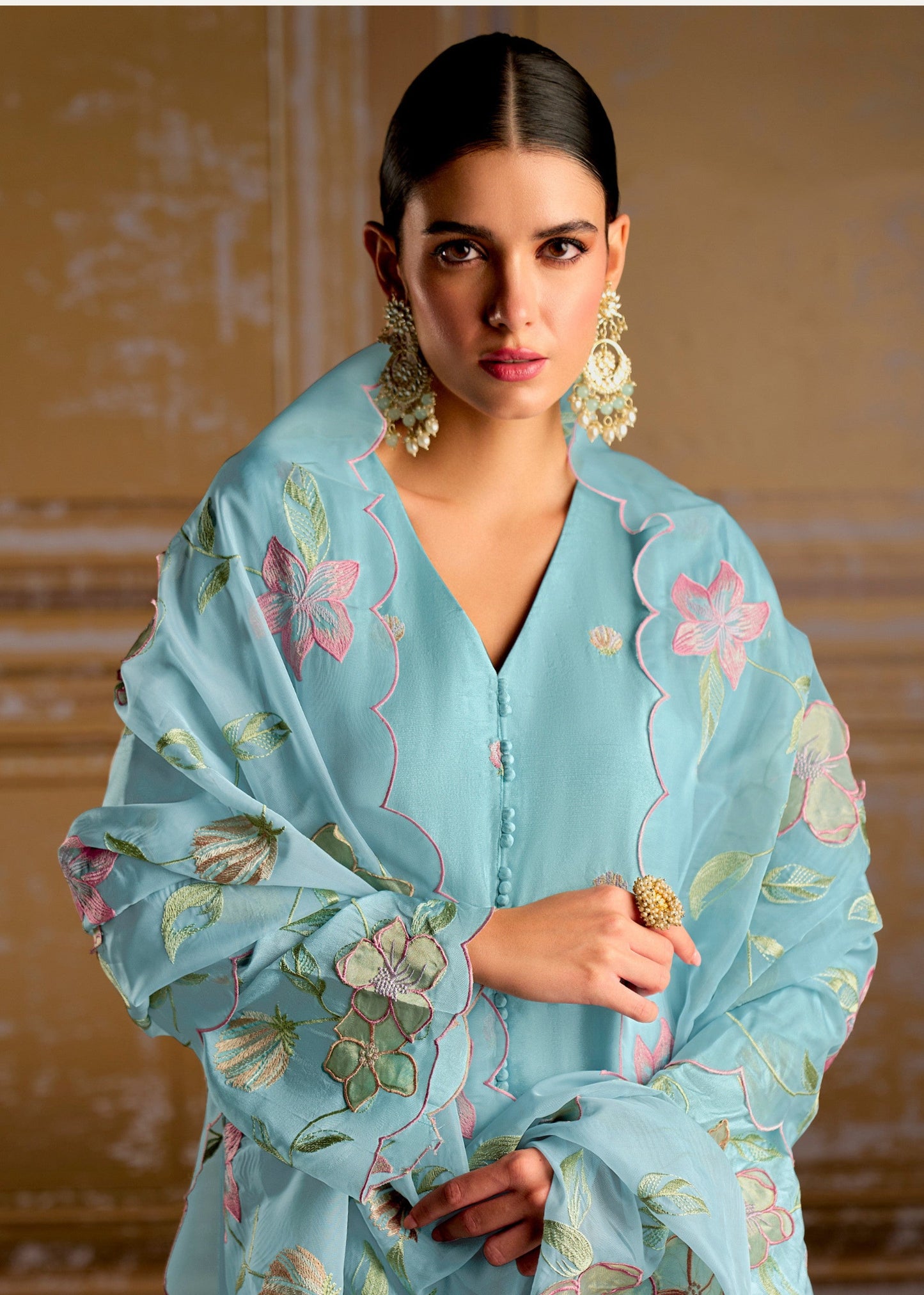 Blue Pure Bamber Silk with Resham Embroidery Salwar Suit