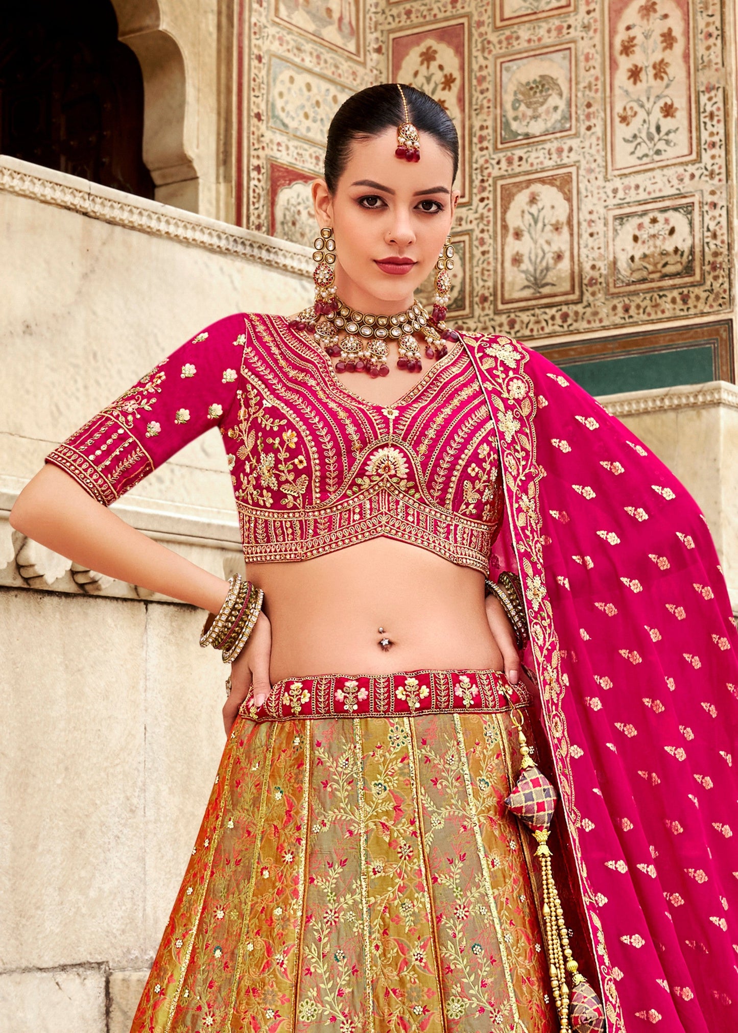 Pink & Chartreuse Green Banarasi Silk Lehenga Choli with Zarkan, Sequence and Thread Work