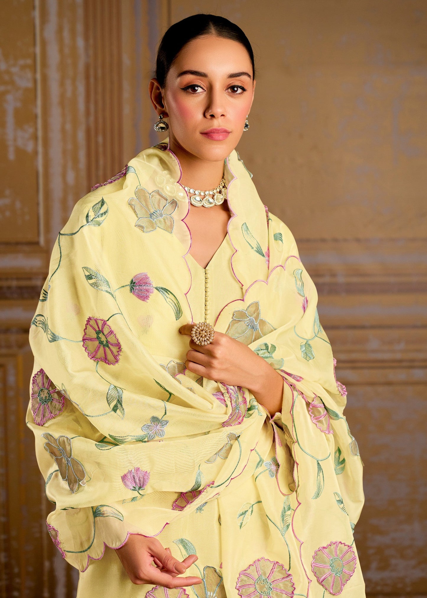 Yellow Pure Bamber Silk with Resham Embroidery Salwar Suit