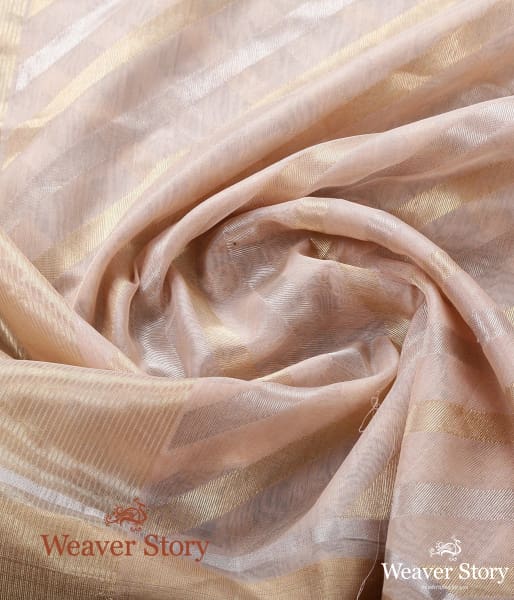 Handwoven Light Peach Cotton Silk Chanderi Dupatta with Gold and Silver Zari