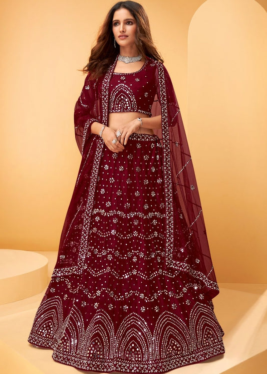 Garnet Red Net Lehenga Choli with Thread Embroidery,Mirror & Zarkan work