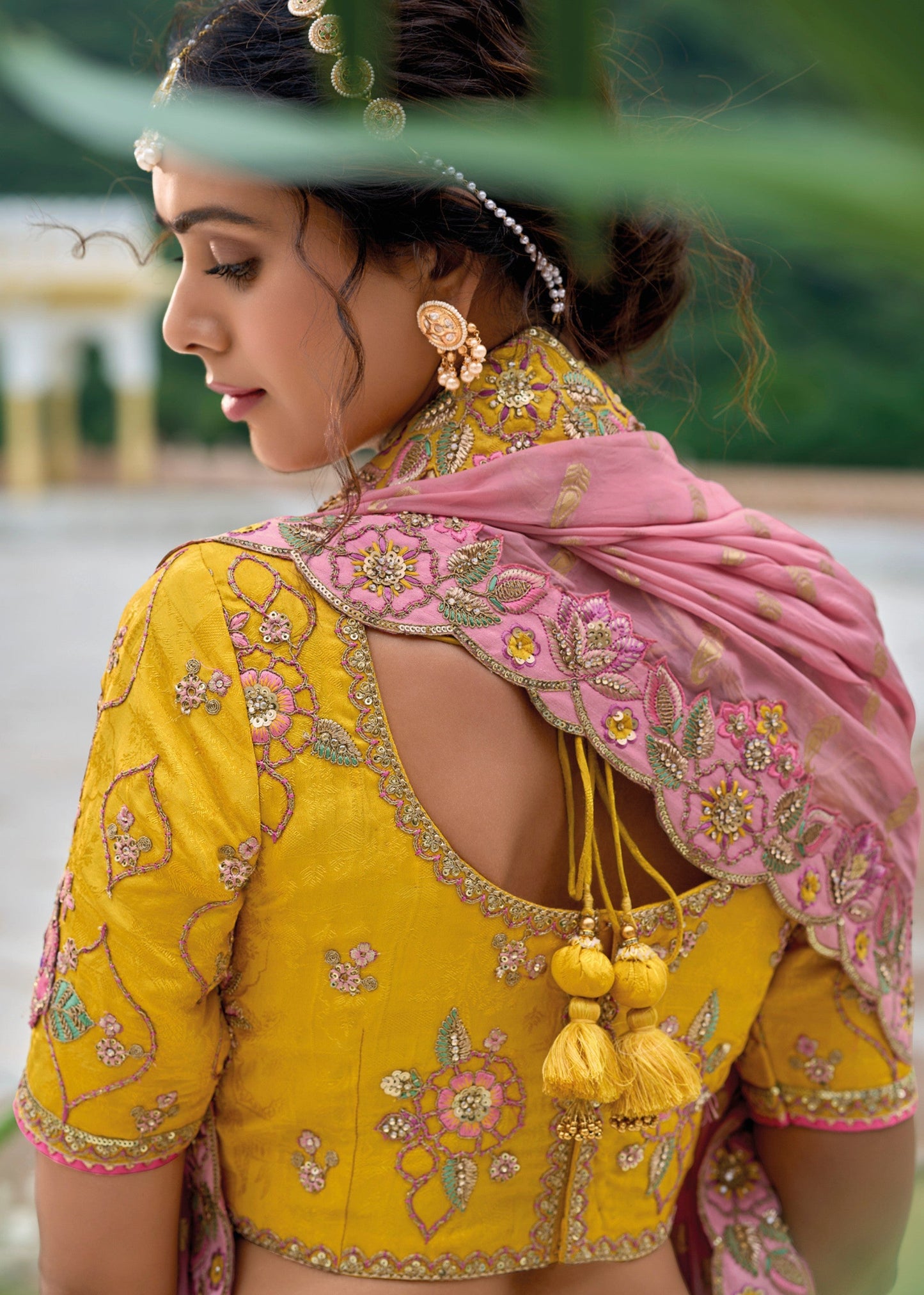 Canary Yellow and Pink Viscose Tissue Lehenga Choli with Embroidery Work