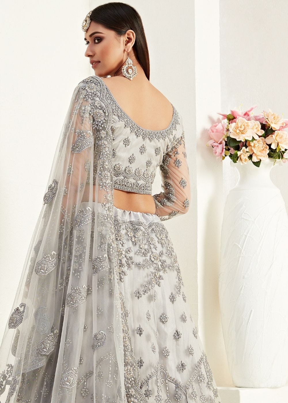 Pewter Grey Soft Net Lehenga Choli with Coding, Thread, Stonework & Badla Embroidery(Pre-order)