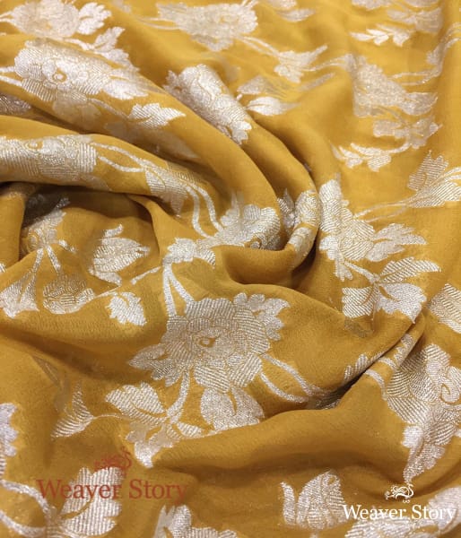 Handwoven Banarasi Georgette Dupatta in Mustard with Red Borders